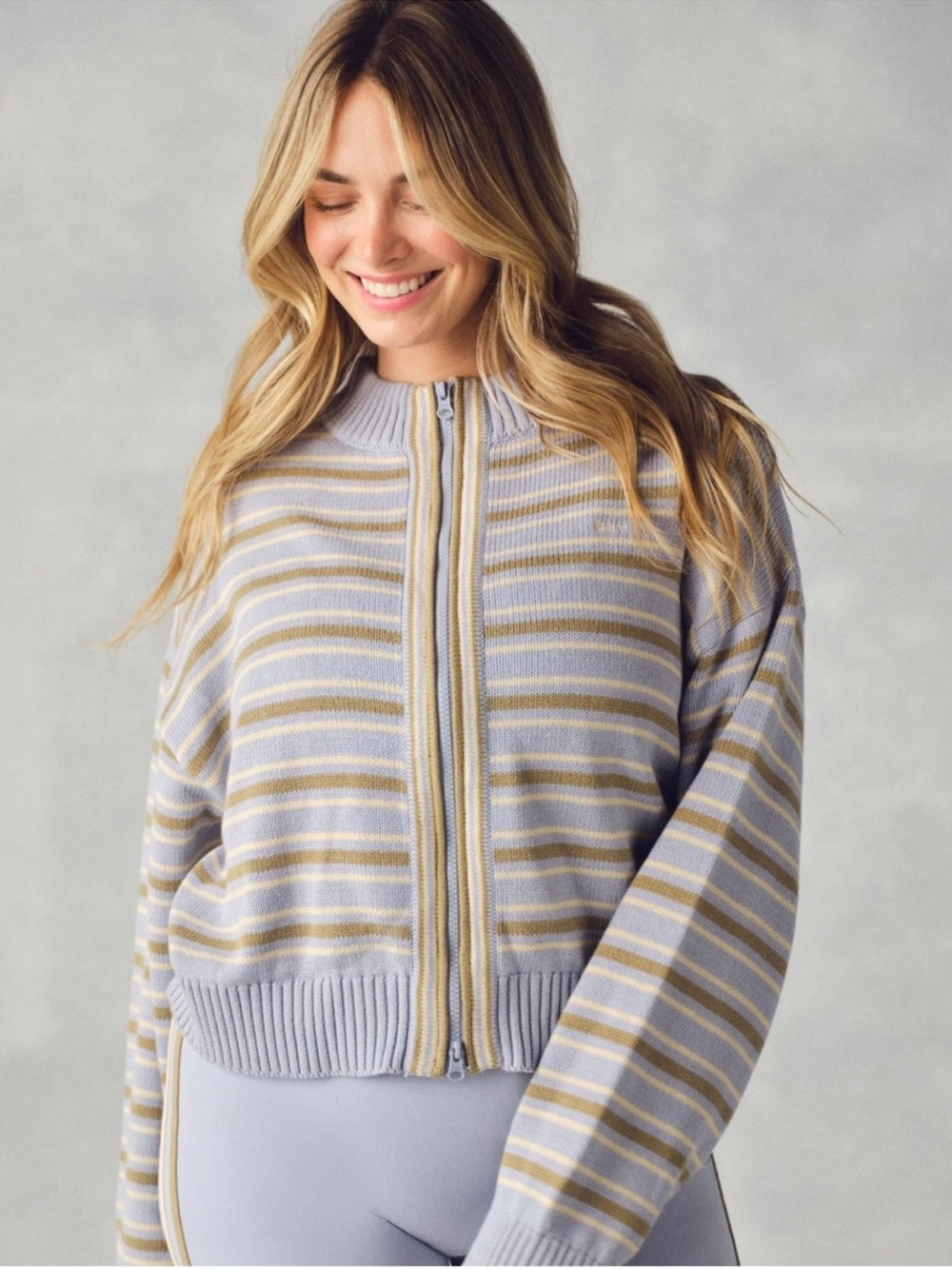 SET Active Light Blue and Beige Striped Zip Sweater Jacket